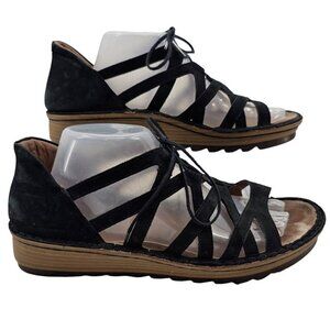 Naot Womens 42 Yarrow Black Leather‎ Lace-up Wedge Sandals